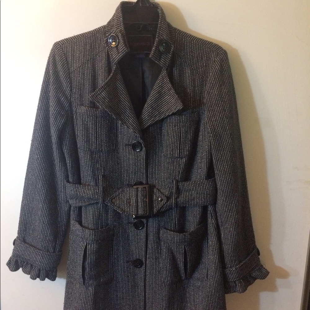 Forever 21 B&W Belted Button Overcoat, Size L